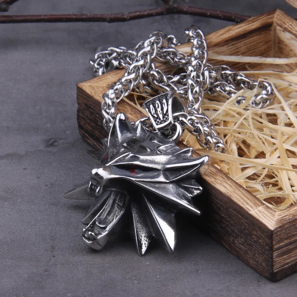 Stainless Steel Viking jewelry Wizard 3 Wild Hunt Game pendant necklace Geralt wolf head necklace with wooden box - AZ Games Co.